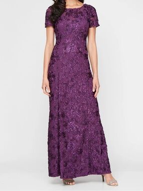 NEW Alex Evenings Long Rosette Lace A-Line Gown in Eggplant